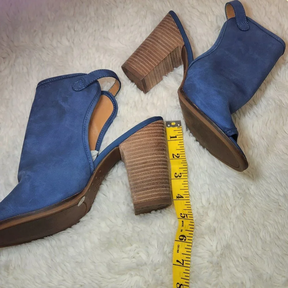 Lucky Brand Blue Peep Toe Block Stacked Ankle Heel Booties Shoes Sandals 8.5